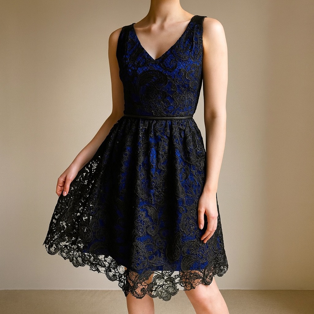 Minuet Black and Blue Short Lace Dress Size Small